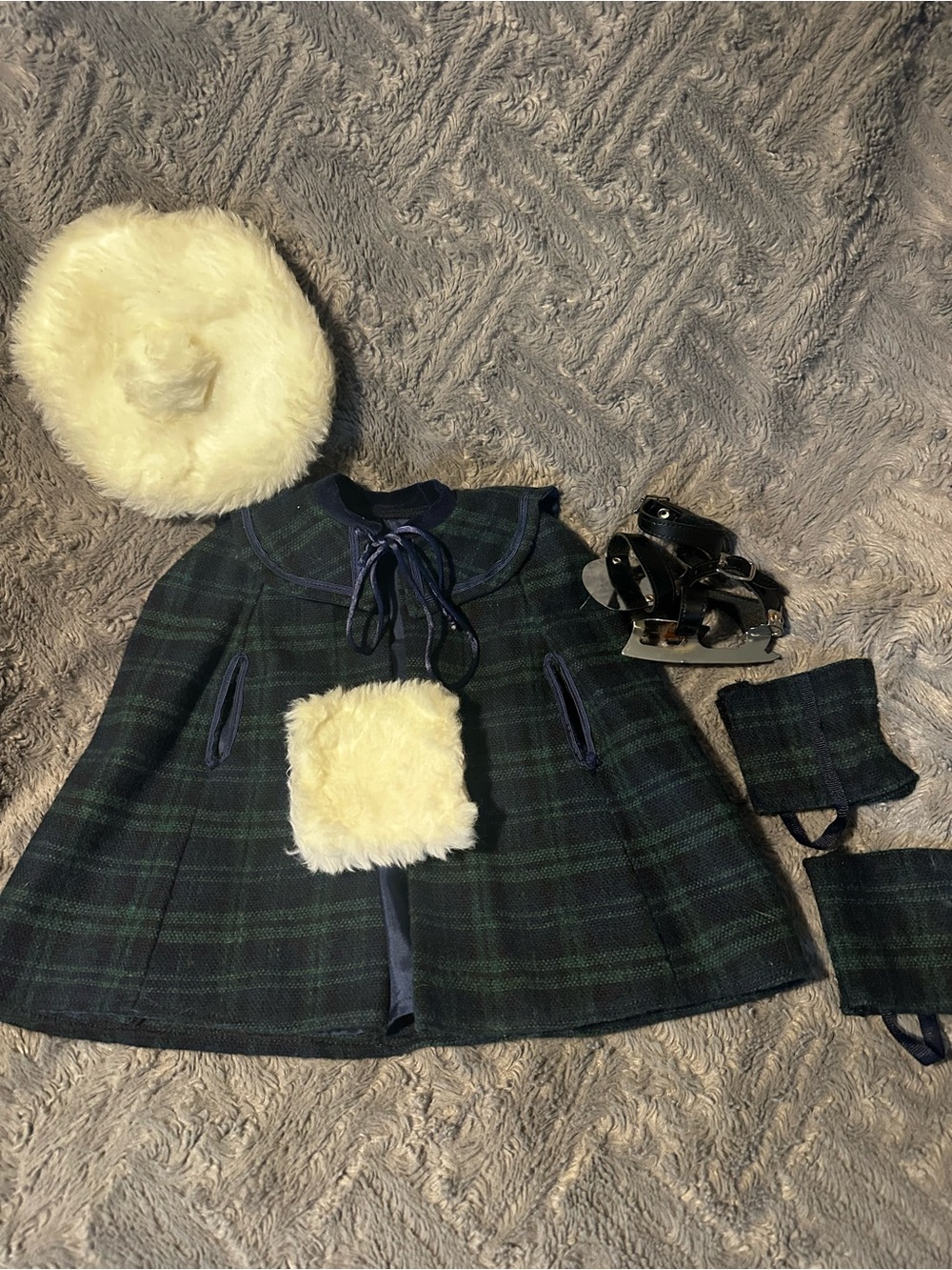 American Girl Changes for Samantha Plaid Cape, Cream Fuzzy Hat, Muff, Ice Skates